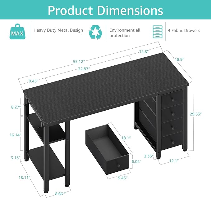 Lufeiya Gaming Desk with 4 Fabric Drawers & Storage Shelves, 55 inch Computer - Image 3