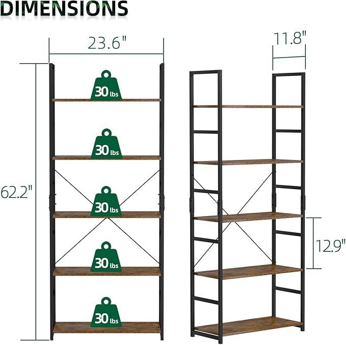 OTK 5 Tier Bookshelf, Tall Bookcase, Office Shelf Storage Organizer, Modern - Image 3