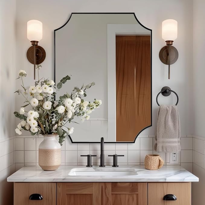 ANDY STAR 24x36 Inch Black Mirror, Matte Black Scalloped Wall Mirror, Modern by ANDYSTAR