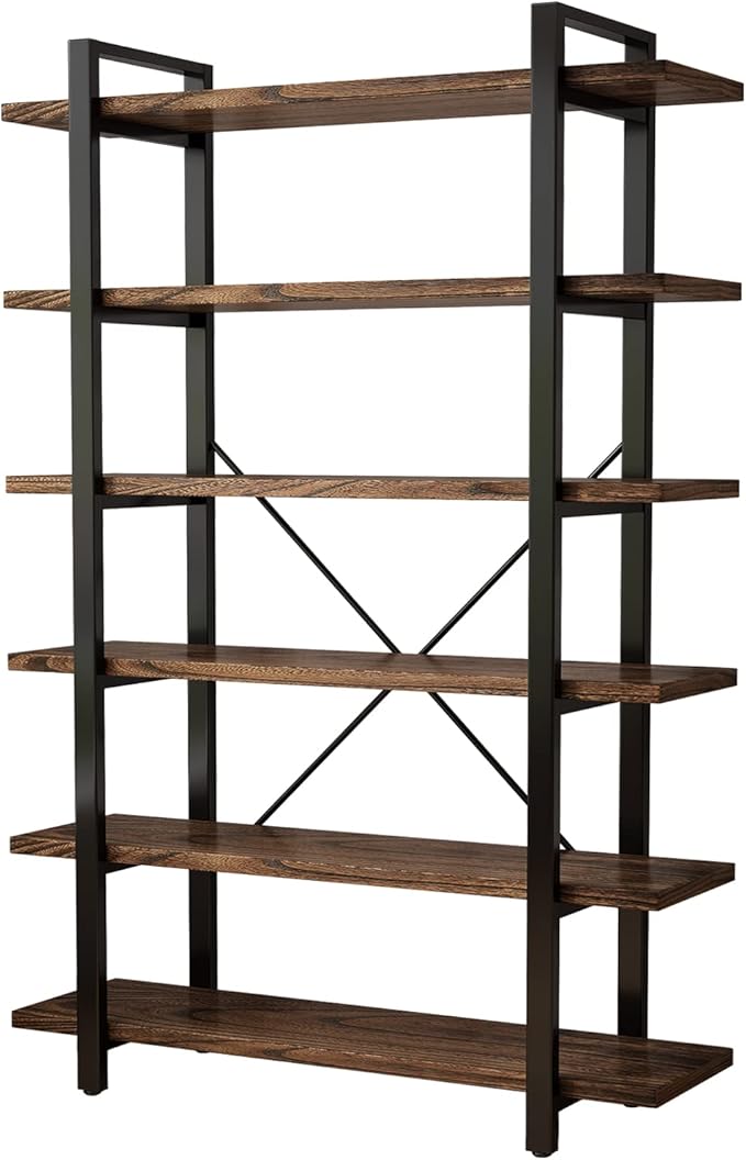Solid Wood Bookcase and Book Shelves Wood and Metal Shelving Unit 6 Tier - Image 5