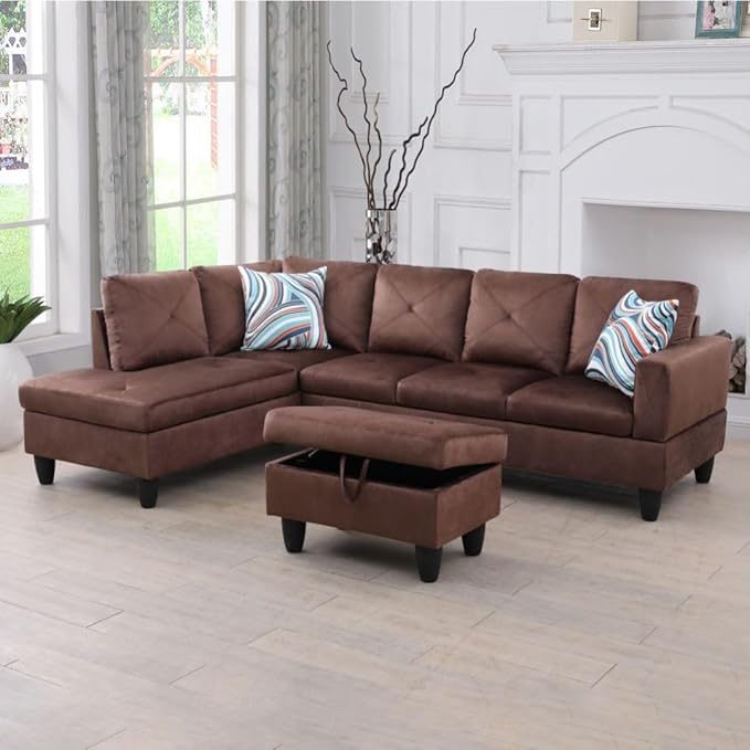 Brown L-Shaped 3-Piece Microfiber Sofa - Image 2