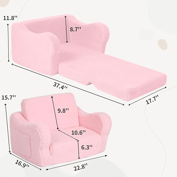 Comfy Toddler Chair, 2-in-1 Toddler Couch Fold Out, Convertible Sherpa Sofa to - Image 3
