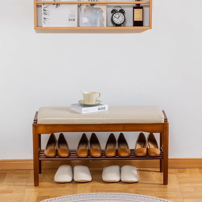 Shoe Bench, Entryway Bench, Wood 2-Tier Shoe Rack - Image 3