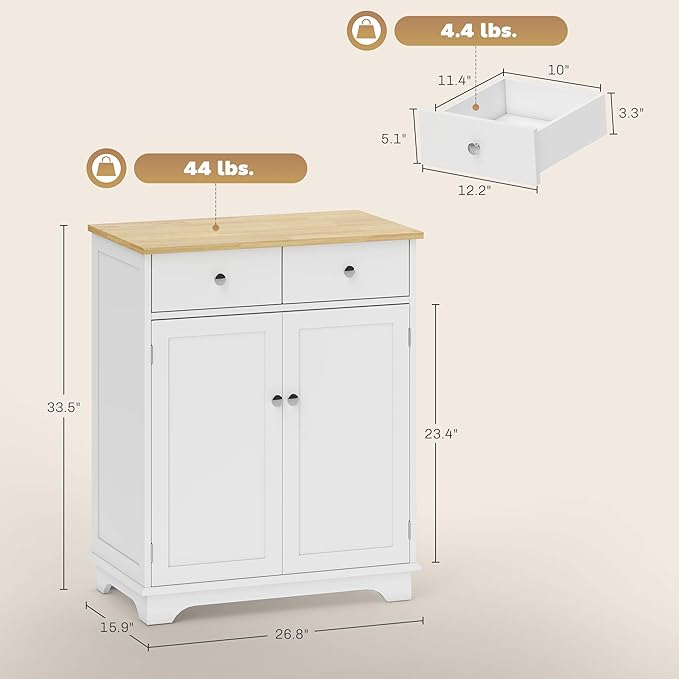 HOMCOM Sideboard with Solid Wood Countertop, Modern Kitchen Storage Cabinet - Image 3