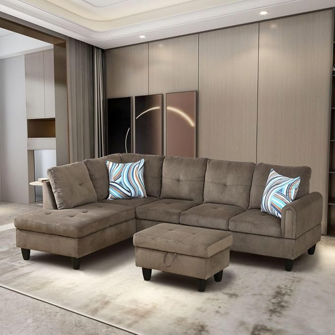 Brown L-Shaped 3-Piece Corduroy Sofa by Unknown