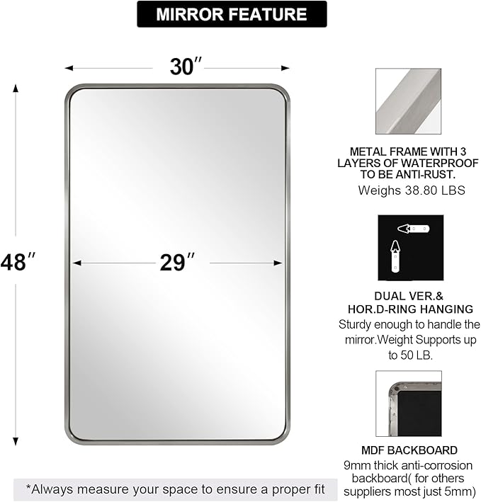 ANDY STAR 30x48 Inch Brushed Nickel Bathroom Mirror, Rounded Corner Brushed - Image 2