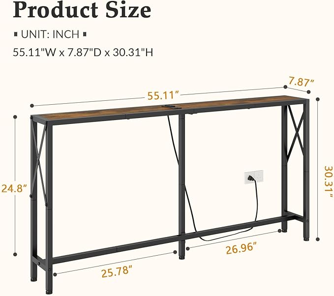 Console Table with Oulets and USB Ports, 55.1" Sofa Table Behind Couch - Image 3