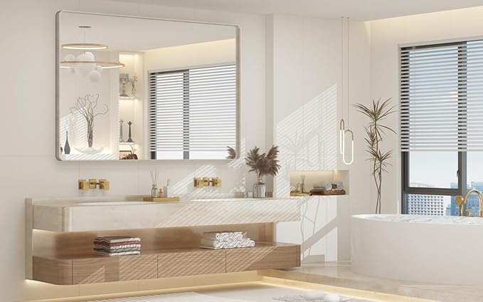 55x36 Inch Brushed Nickel Bathroom Mirror, Large Brushed Silver Metal Framed - Image 2