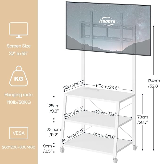 HOOBRO Rolling TV Stand with Mount and Power Outlet Up to 55 inch TV, Corner - Image 3