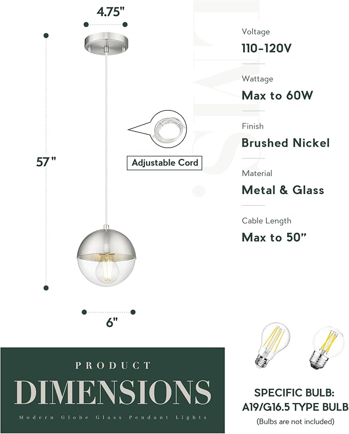 LMS 6-inch Industrial Pendant Light, Brushed Nickel Hanging Light Kitchen Island - Image 3