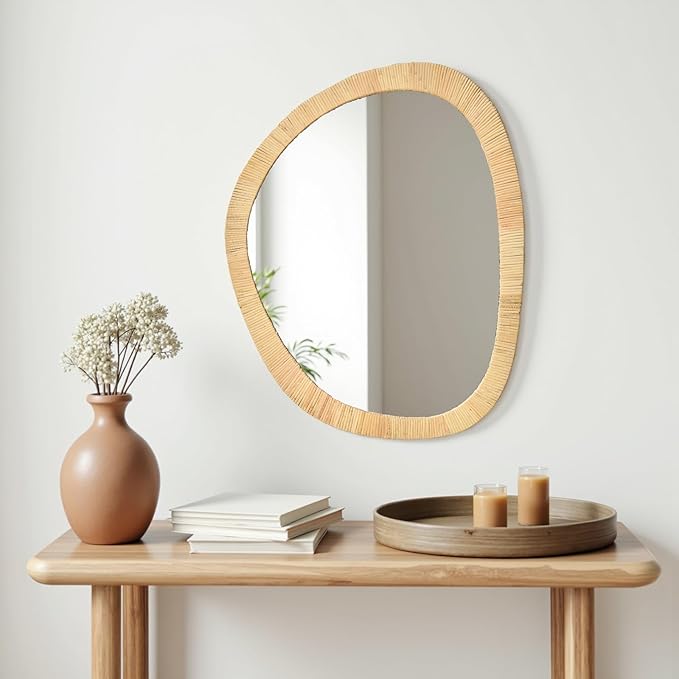 H HOMEWINS Rattan Mirror for Wall, 31.5'' x 25.2" Wooden Framed Farmhouse Boho by HHOMEWINS