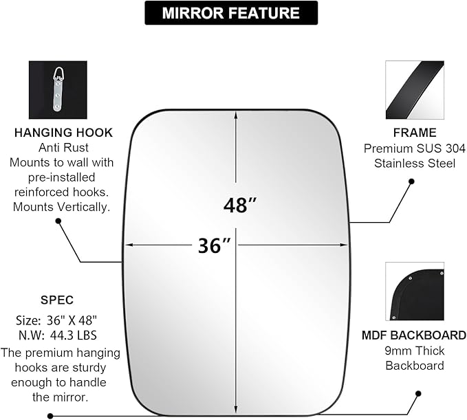 ANDY STAR Black Oblong Mirror, 36x48 Inch Black Oval Mirror - Image 6