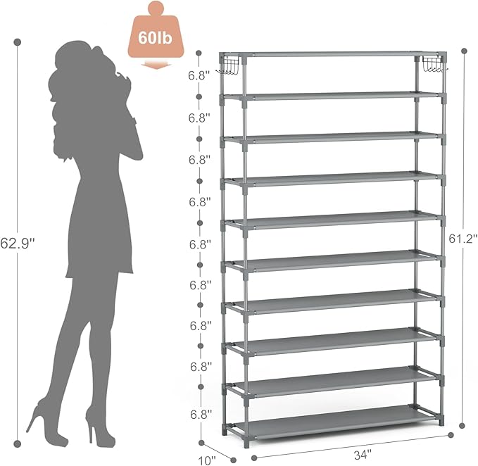 10 Tiers Shoe Rack 50 Pairs Large Capacity Tall Shoe Organizer Sturdy Shoe - Image 3
