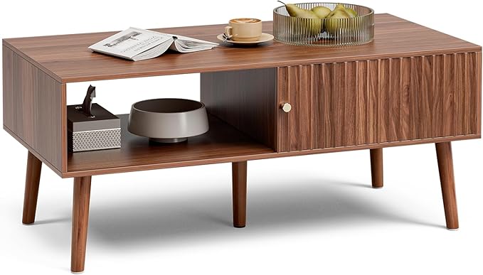 Coffee Table with Storage, Mid Century Dining Table with Sliding Fluted Door - Image 6