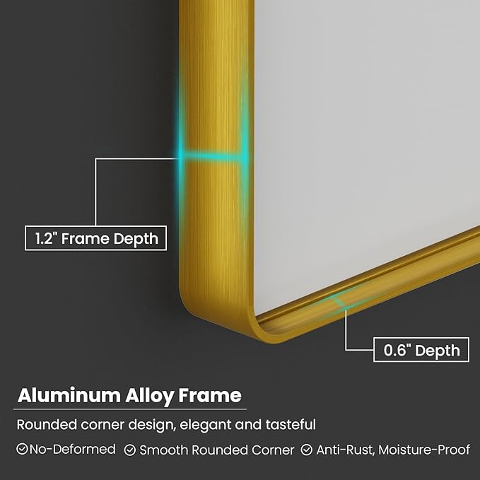 Gold Bathroom Mirror, 55x30 Inch Brushed Gold Metal Frame Mirror - Image 4