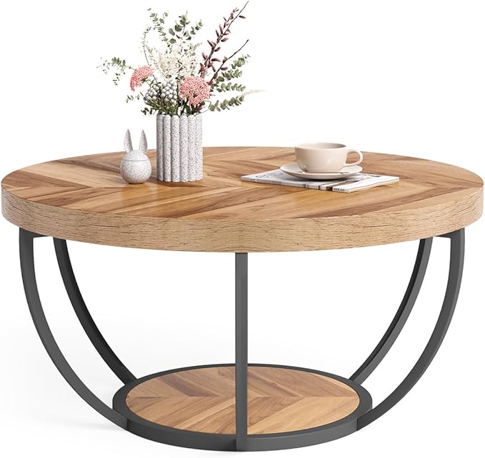 LITTLE TREE Round Coffee Table, 2-Tier Wood Accent Center Table by LITTLETREE
