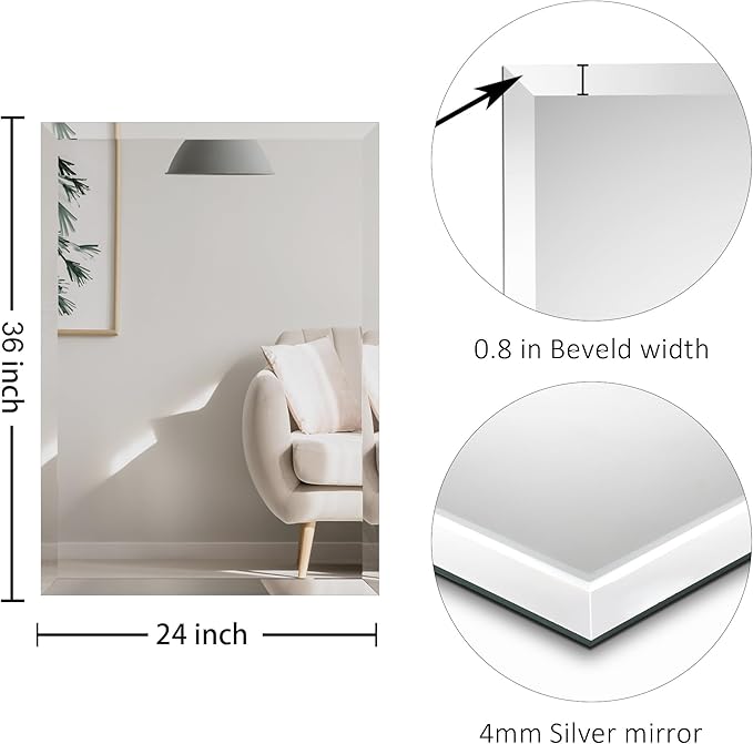 KOHROS Bathroom Mirror 36” x 24" Large Frameless Rectangle Bathroom Wall Mirror - Image 2