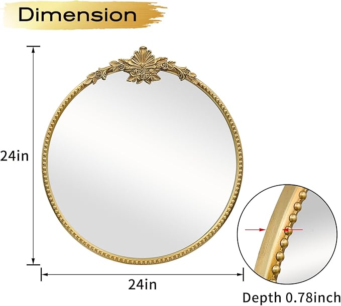 Round Gold Mirror, 24inch Baroque Style Vintage Decorative Circle Wall Mirror - Image 2