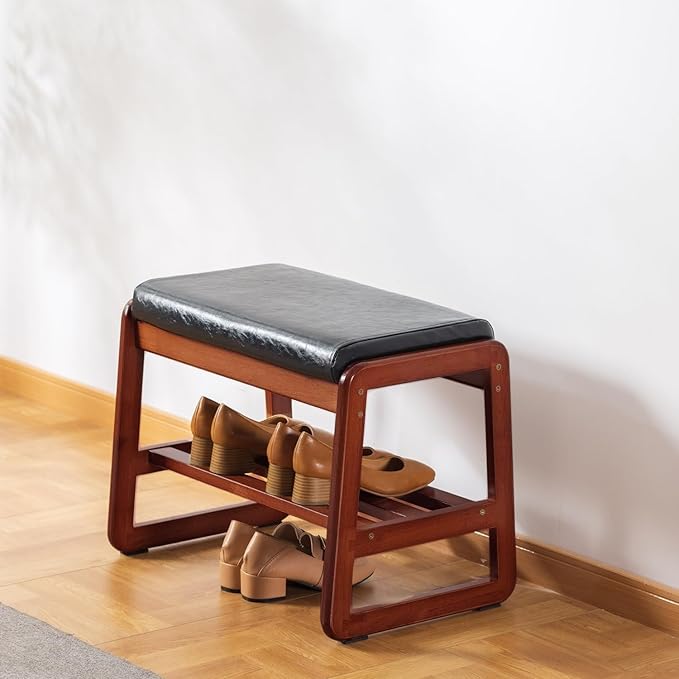 Solid Wood Shoe Bench, 2-Tier Wooden Entryway Bench, Modern Shoe Rack by SOBIBO