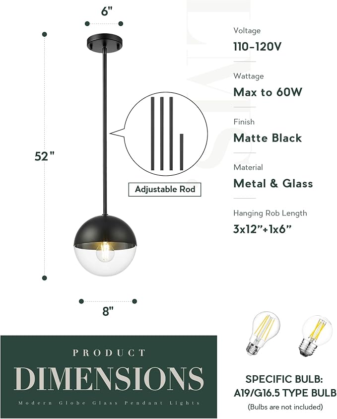 LMS Modern Pendant Lights, Matte Black Kitchen Island Pendant Light Fixtures - Image 2