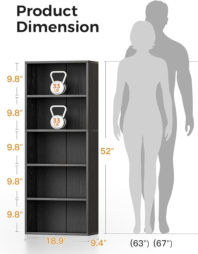 Casaottima 5-Tier Open Bookshelf and Bookcase, Floor Standing Display Storage - Image 3