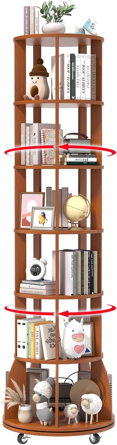 6 Tier Rotating Bookshelf with Locking Casters, 360° Spinning Vertical Bookcase by WelcometoIABIFO