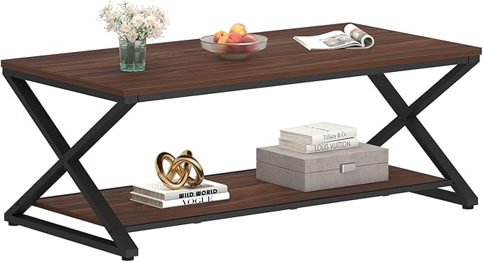 HSH Walnut 2 Tier Storage Coffee Table, Modern Rectangle Center Table - Image 8