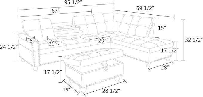 L Shaped Sectional Sofa with Ottoman, Nail-Head Design Linen Right Facing - Image 2