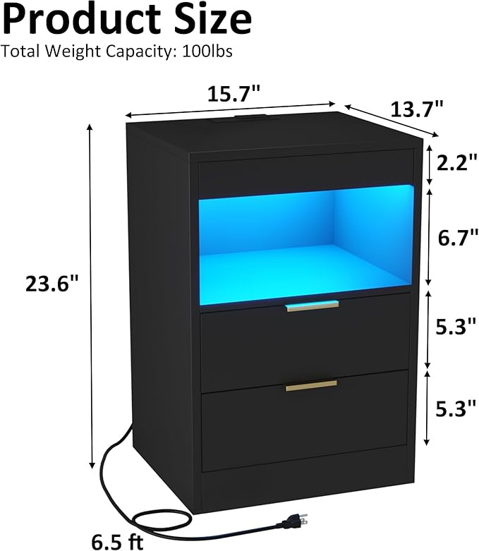 Gadroad LED Nightstand with Charging Station, Bedside Table with 3 Drawers and - Image 2