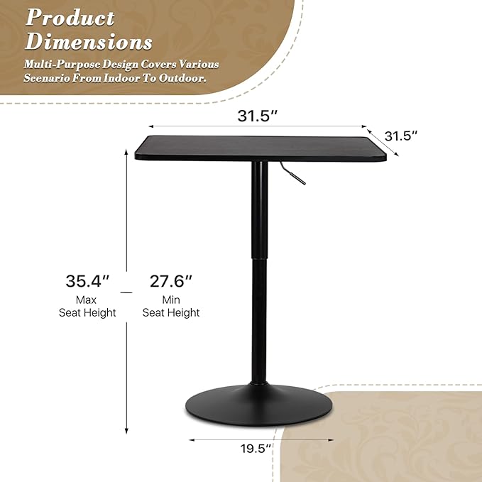 Athena Collection Modern Bar Table Square Top Height Adjustable, Tall Bistro - Image 3