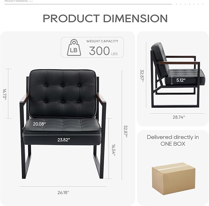 COLAMY Black Leather Accent Chair, Accent Arm Chair - Image 2