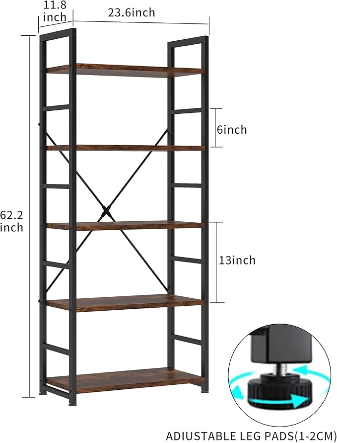 VERMESS 5 Tier Bookshelf, Tall Book Shelf, Vintage Industrial Bookcase - Image 2
