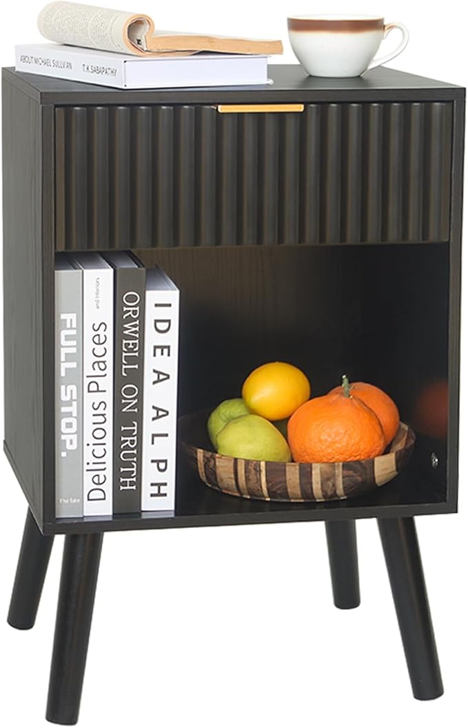 Black Fluted Nightstand, Modern Bedside Table by Fultyle