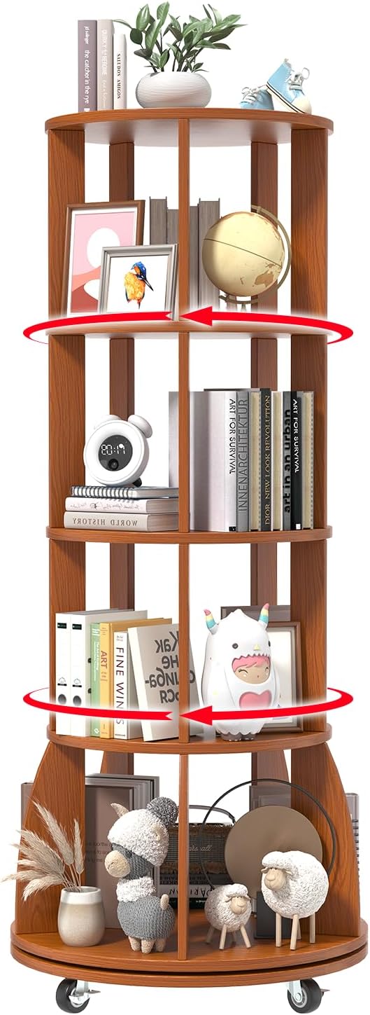 4 Tier Rotating Bookshelf with Brake Wheels, 360° Spinning Bookcase, Vertical by WelcometoIABIFO