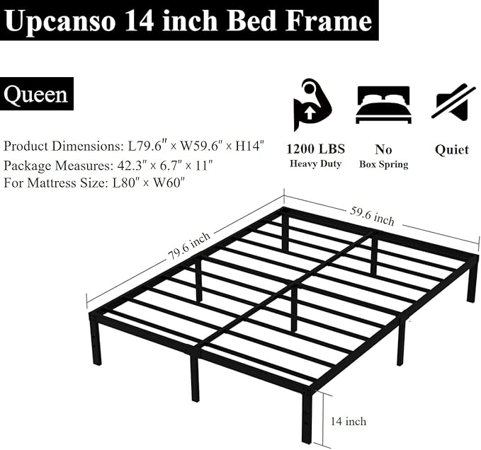 Queen Bed Frame No Box Spring Needed, 14 Inch Heavy Duty Metal Platform Bed - Image 3