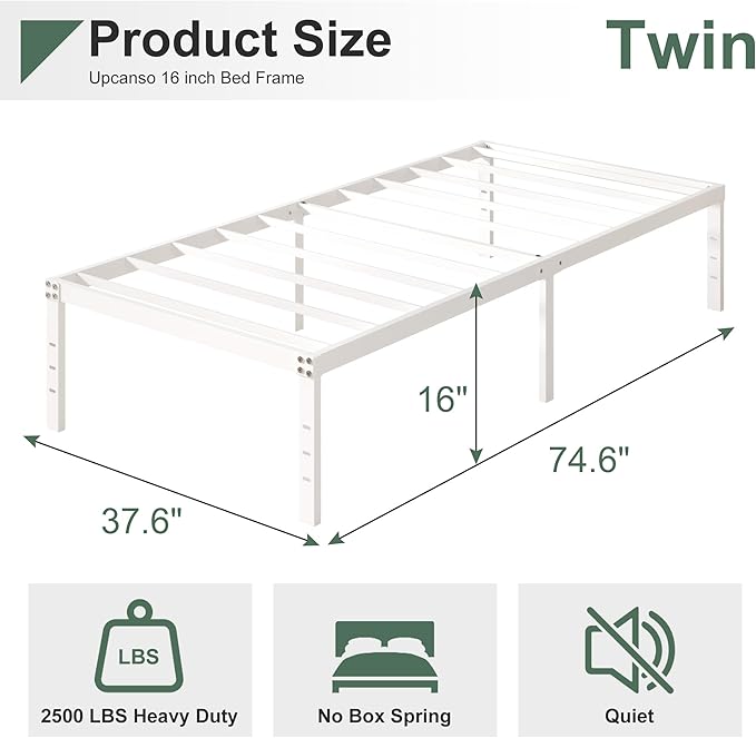 16 Inch White Twin Bed Frames No Box Spring Need, Metal Platform Bed Frame Twin - Image 2