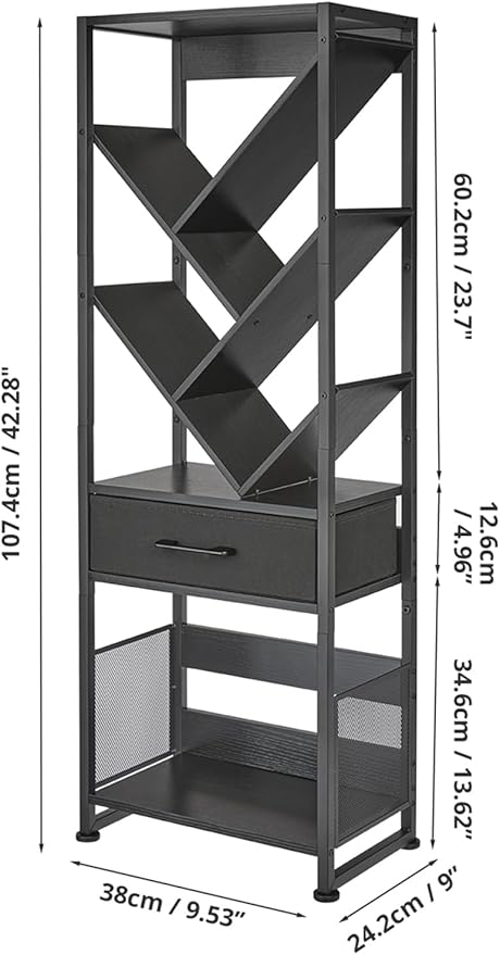 Bookshelf with Drawer, 8 Tier Tree Bookcase Retro Floor Standing Bookshelves - Image 2