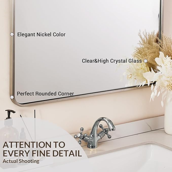 ANDY STAR 40x36 Inch Brushed Nickel Bathroom Mirror, Rounded Rectangle Bathroom - Image 7