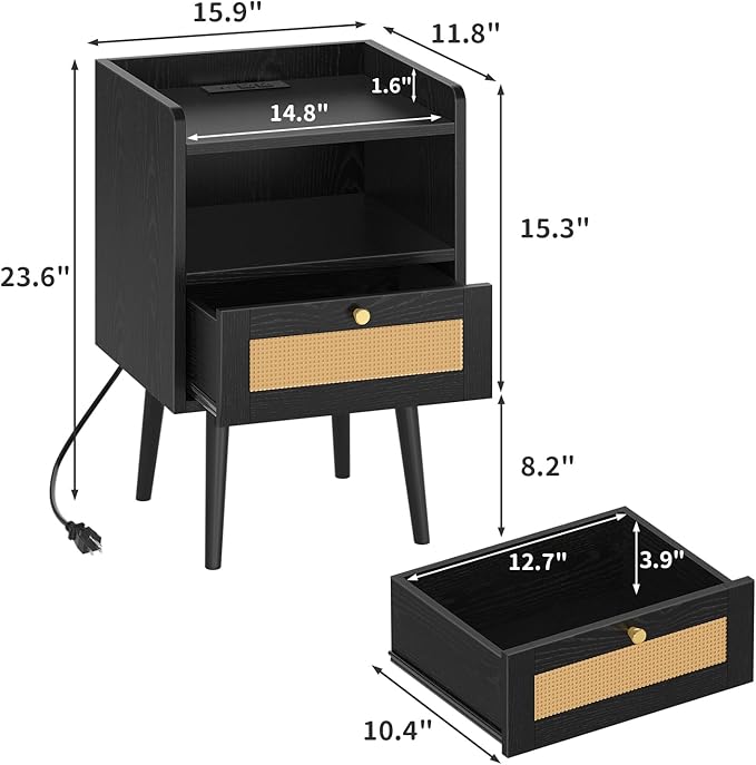 Nightstand Rattan with Charging Station, Mid Century Modern Bed Side Table - Image 3