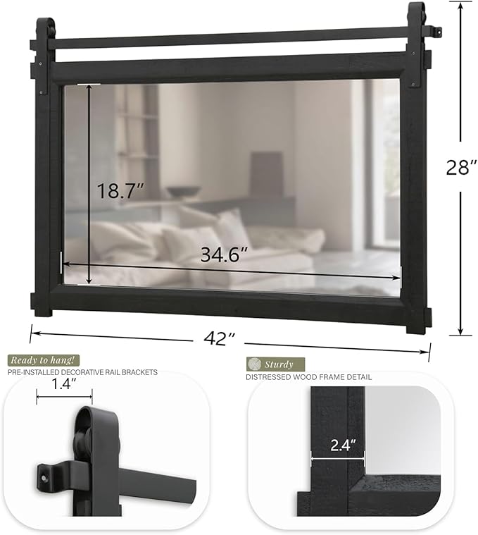 Bathroom Barn Door Mirror: 42"x28" Black Farmhouse Wood Frame - Image 6