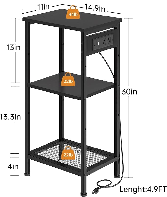 Tall End Table with Fast Charging Station, 3 Tier Narrow Side Table with - Image 3