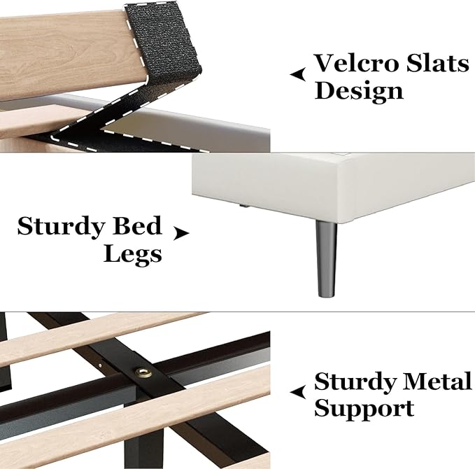 King Size Bed Frame with Velvet Upholstered Headboard, Platform Bed with Strong - Image 5