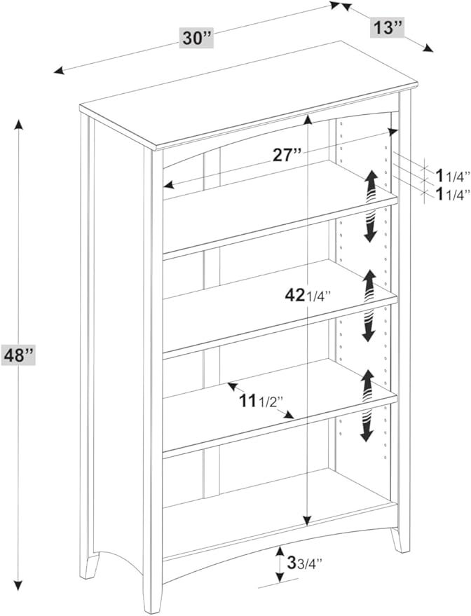 Shaker Style 4 Shelf Bookcase / Solid Wood / 48" High / Adjustable Shelving / - Image 3