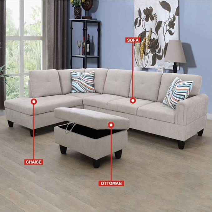 Grey White L-Shaped 3-Piece Flannel Sofa - Image 2
