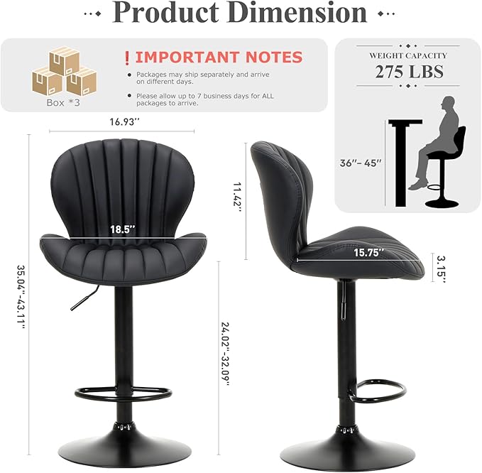 COLAMY Bar Stools Set of 3, Modern Swivel Bar Chairs, Adjustable Faux Leather - Image 2