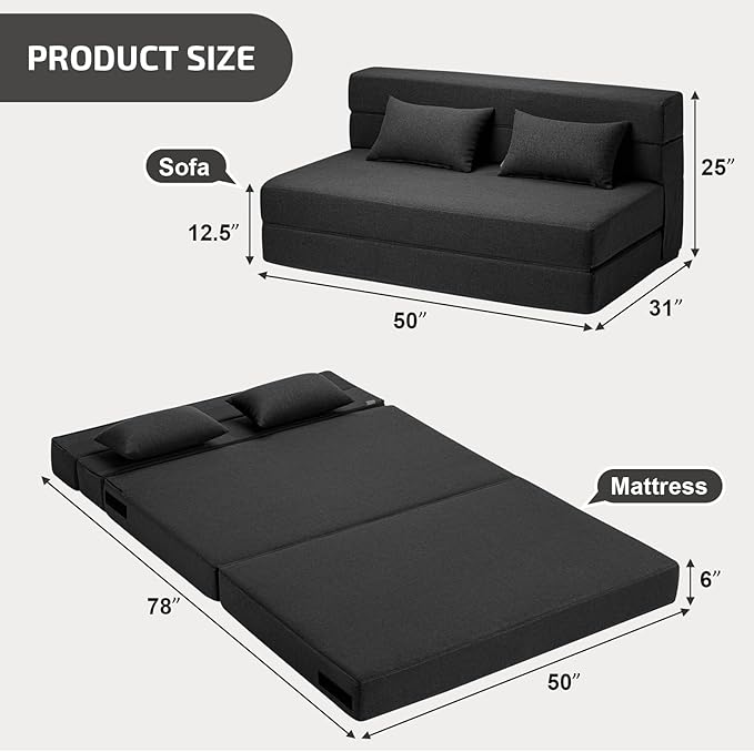 Folding Sofa Bed with Pillows- Convertible Chair Floor Couch & Sleeping Mattress - Image 2