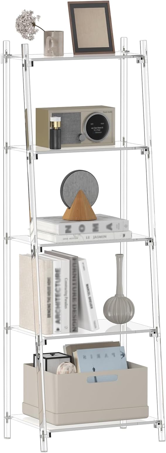 Acrylic Ladder Bookshelf, 13.8" D x 20.5" W x 59" H, 5-Tier Tall Clear Bookcase by CRTERICX