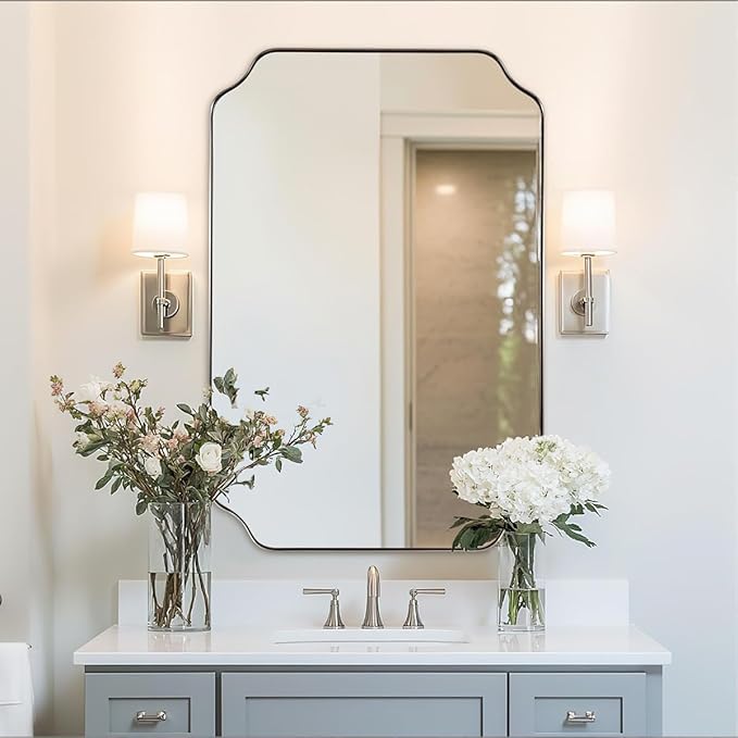 ANDY STAR 26x38 Inch Mirror for Bathroom, Brushed Nickel Scalloped Rectangle by ANDYSTAR