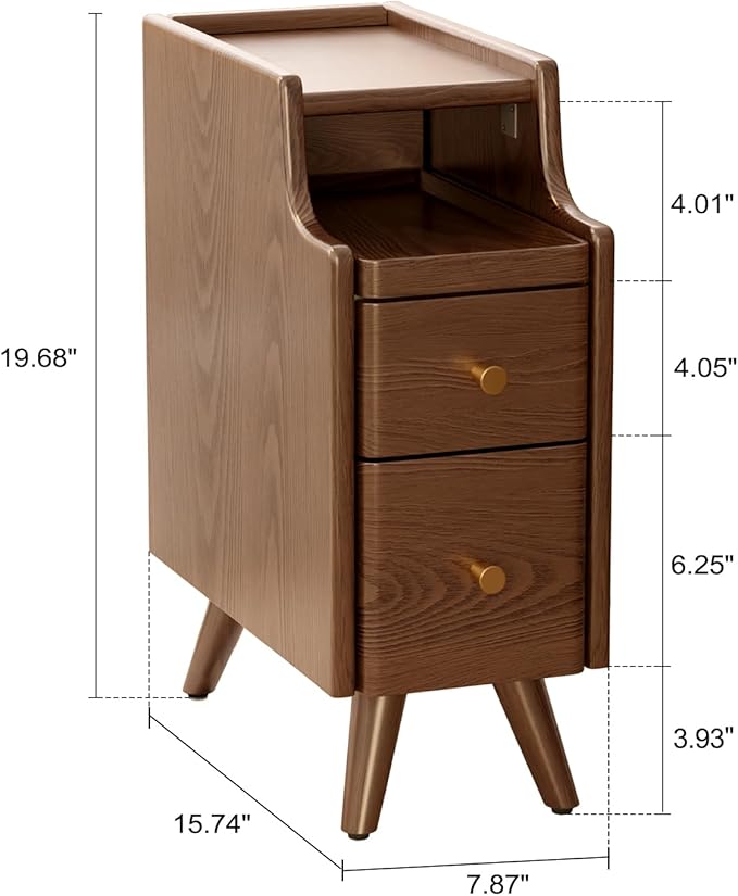 Small Nightstand with Drawers, Solid Wood Bedside Table, Narrow Walnut - Image 2