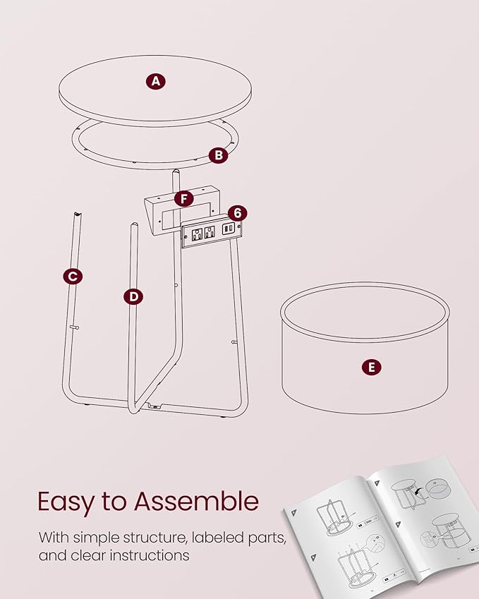 VASAGLE Side Table with Charging Station, Round End Table with Fabric Basket - Image 8